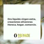 Botella de AOVE premium Grenade Olive Oil entre olivas y ramas, con fondos difuminados de cocina, hogar y tienda gourmet.