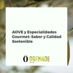 Variedad de especialidades gourmet españolas con AOVE, quesos artesanales, almendras y aceitunas, en mesa rústica.