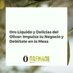 Mesa rústica con botellas de aceite de oliva virgen extra, aceitunas, tapenade y pan fresco, simbolizando la riqueza del olivar.